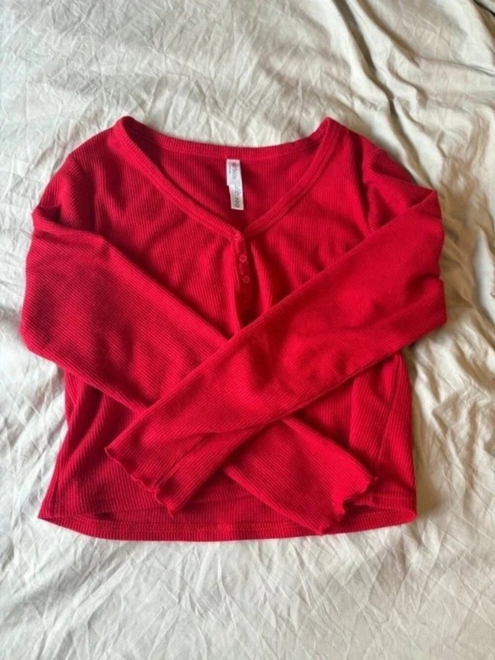 Wild Fable Red Waffle Henley Sleep Top, Long Sleeve, M